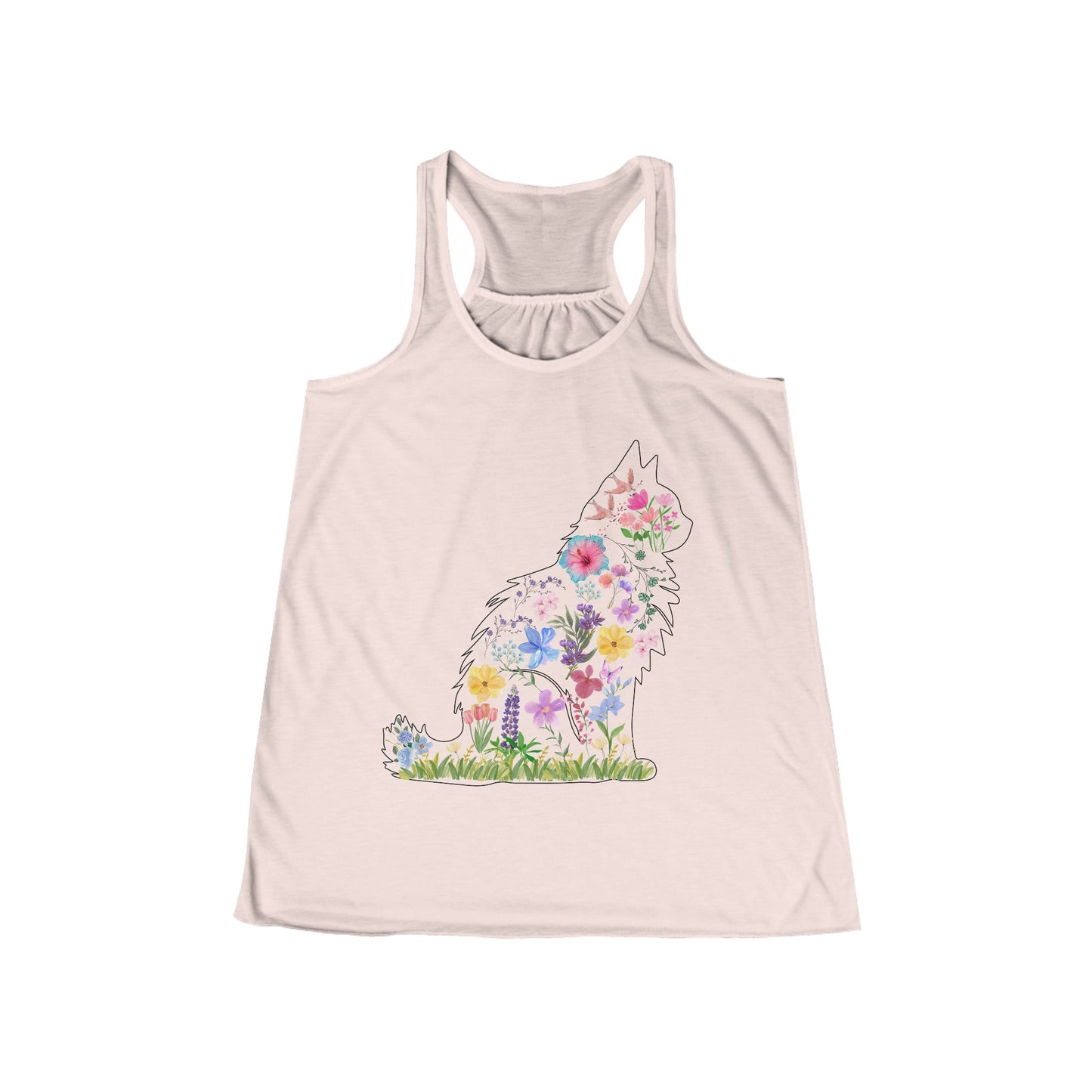 Siberian Cat Floral Cotton Flowy Racerback Tank, Gifts for Her, Gifts for Cat Moms