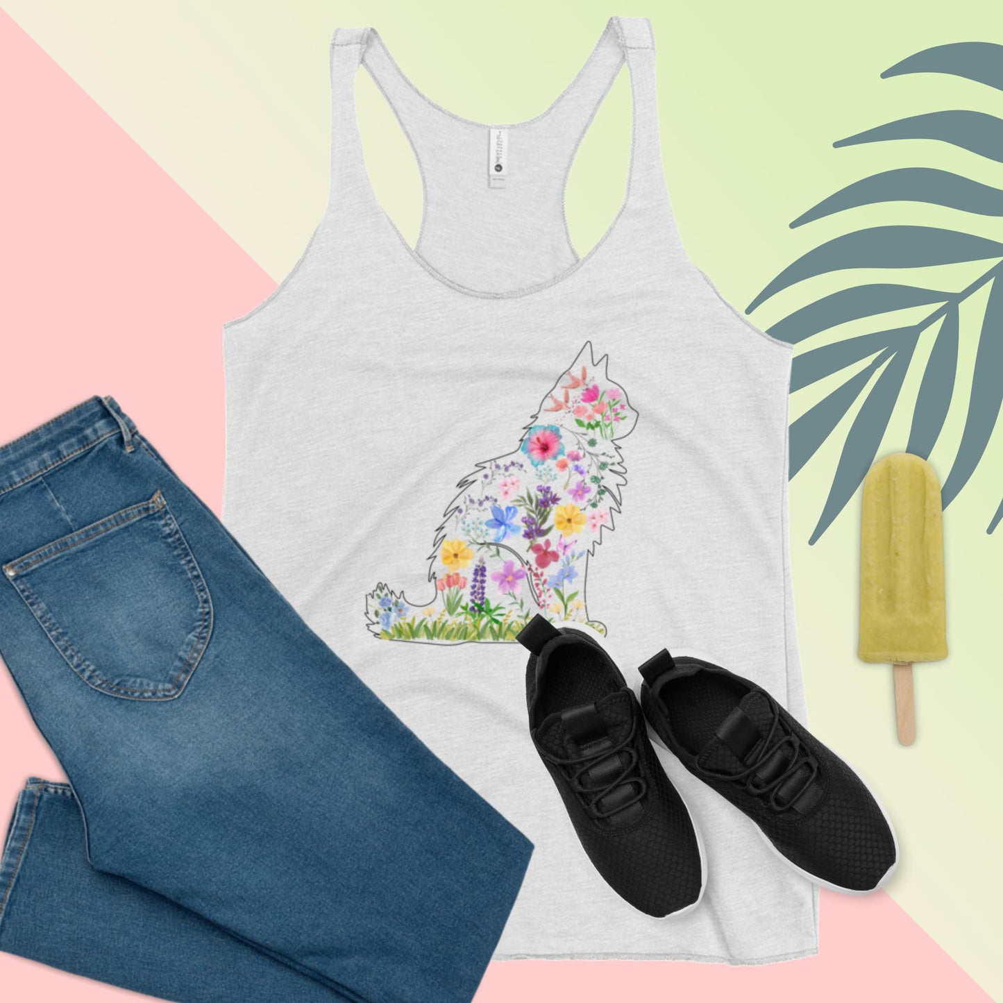 Siberian Cat Floral Cotton Flowy Racerback Tank, Gifts for Her, Gifts for Cat Moms